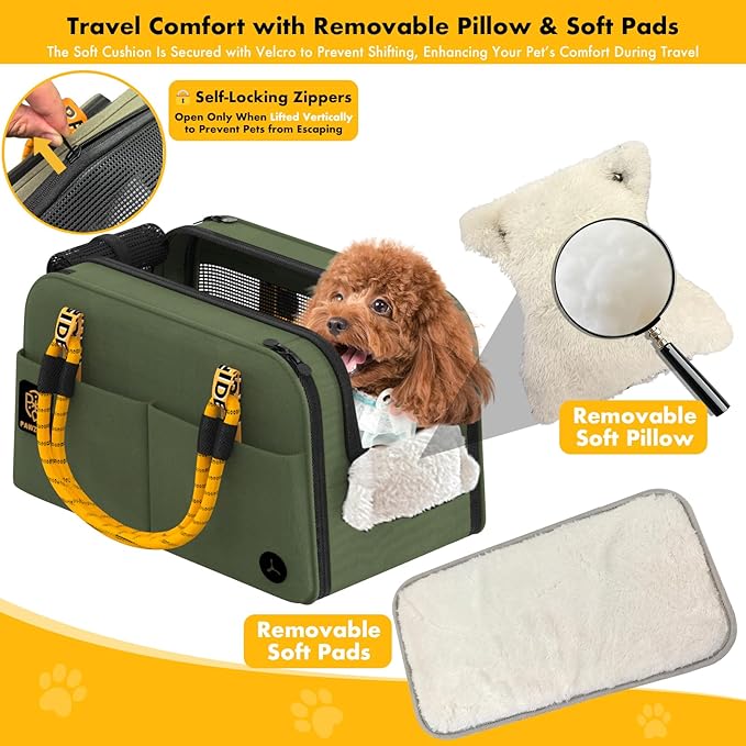 PAWZIDEA Center Console Dog Car Seat, Enclosed Small Dog Armrest Booster Carseat, Secure Straps &Anti Slip, Portable TSA Approved Puppy Pet Carrier Soft-Sided, Removable Pillow Storage Pocket, up 12lb