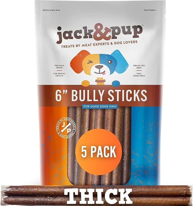 Jack&Pup 6 Inch Bully Sticks for Dogs (5 Pack) Extra Thick Long Lasting Dog Chews, Single Ingredient, 100% Beef Bully Sticks for Large Dogs