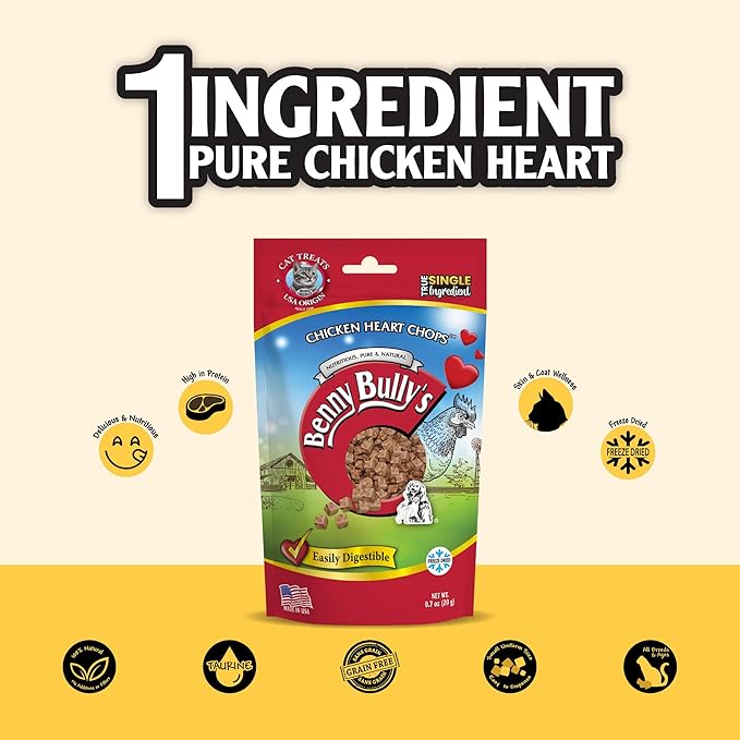 Benny Bullys Chicken Heart Chops - Freeze Dried Cat Treats - 20g/ 0.7oz (4 Pack)