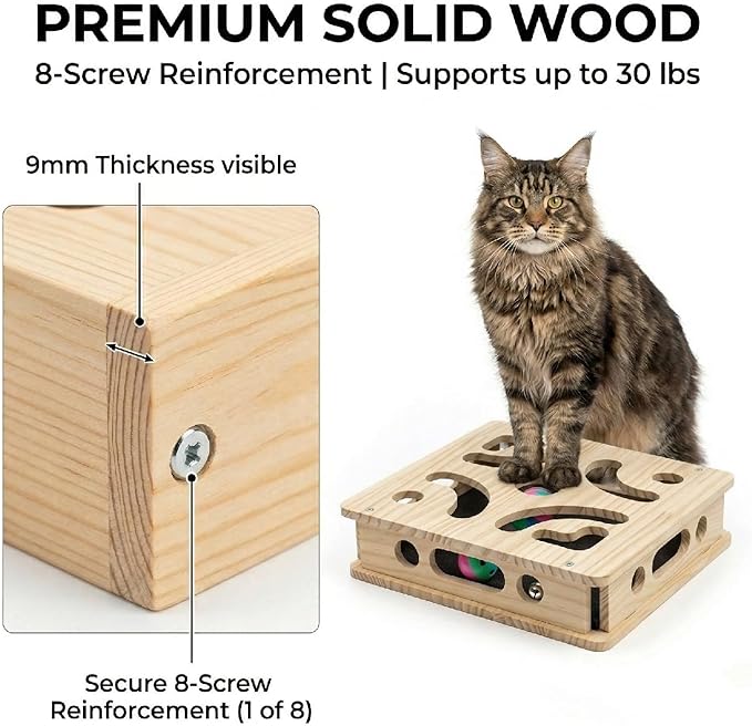EIODEAR Cat Nail File Scratcher with 3 Sandpaper Pads, 4 Bell Balls, 8 Screw, Solid Wood Cat Scratch Puzzle Enrichment Box Nail Filer Box Toy to File Nails, Cat Treat Box for Treat-Motivated Cats
