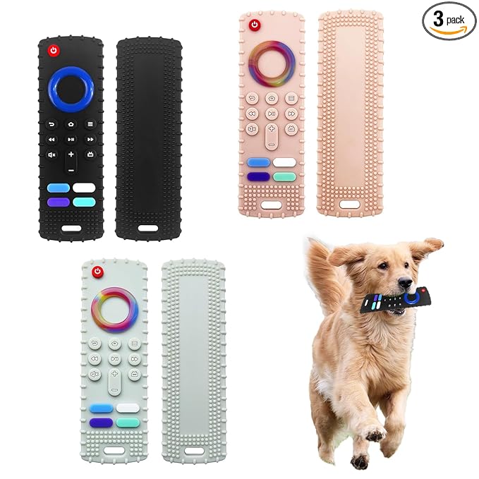 Dog Chew Toys, Remote Control Shape, Set of 3 for Puppy Teething, Anxiety Relief, Silicone, Interactive Play, BPA-Free, Black/White/Pink