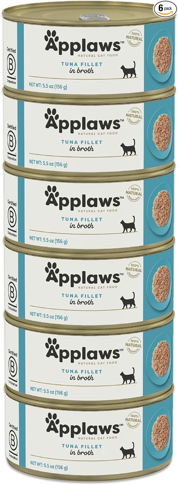 Applaws Natural Wet Cat Food in Broth, Limited and Natural Ingredients, High Protein with No Artificial Additives, Tuna Fillet in Broth (6 x 5.5oz Cans)