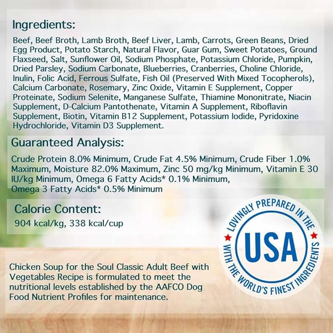 Chicken Soup for The Soul Classic Adult Wet Dog Food, Beef with Vegetables Recipe in Gravy, 13 oz. Cans (Pack of 12) - No Wheat, Corn or Soy - No Artificial Colors, Preservatives, Flavors