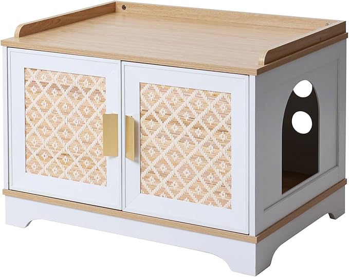 Boho Cat Litter Box Enclosure Furniture, Hidden Litter Box Cabinet with Rattan Doors, Modern Cat Washroom, Wooden Cat House with Reversible Entrance & Top Perch (29.6”L x 21”W x 20.8”H)
