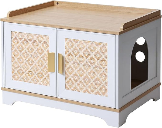 Boho Cat Litter Box Enclosure Furniture, Hidden Litter Box Cabinet with Rattan Doors, Modern Cat Washroom, Wooden Cat House with Reversible Entrance & Top Perch (29.6”L x 21”W x 20.8”H)