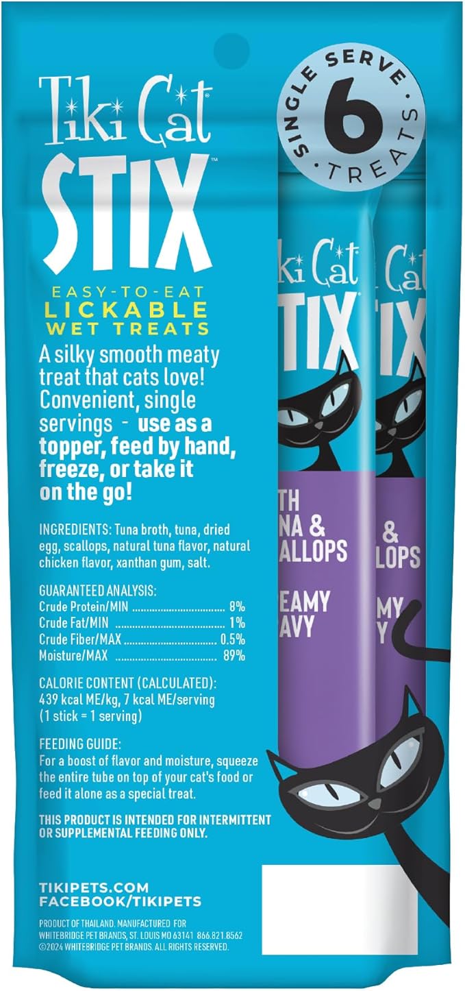 Tiki Cat Stix Wet Mousse Cat Treats, 3 oz. Pouch of Single Serve Lickable Treats, Tuna & Scallops in Creamy Gravy, (12 Pack of 72 Tubes)