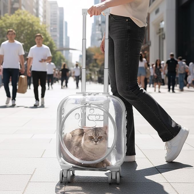 Portable Pet Carrier Trolley Box - Ventilated PC Travel Carrier with Silent Shock-Absorbing Wheels, Telescopic Handle for Cats, Small Dogs, Puppies - Outdoor Hiking, Camping, Car & Airline A