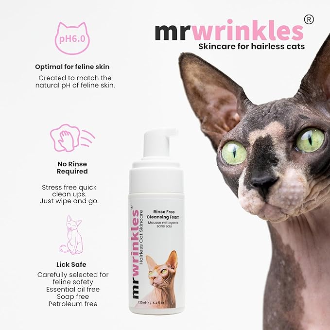 Sphynx Rinse Free Cleansing Foam - Wipe & Go Mattifying Rice Water & Honey Formulation, Natural & Lick-Safe, Shampoo Alternative for Hairless Cats, Made in Canada
