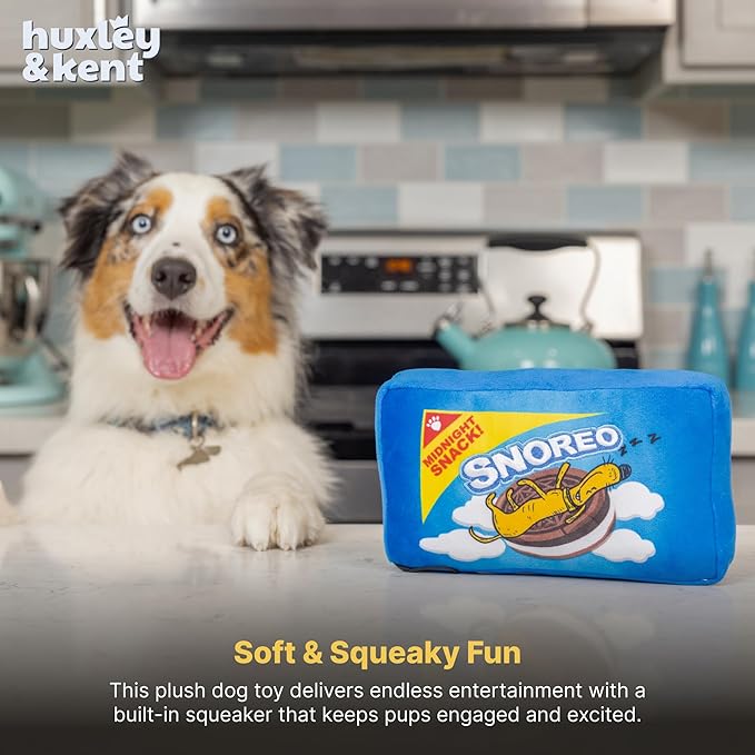 Huxley & Kent Funny Dog Toy w/Squeaker – Power Plush Squeaky Dog Toys for Small, Medium & Large Dogs – Soft Stuffed Animal for Indoor Play & Fetch - Snoreo Cookies, Small