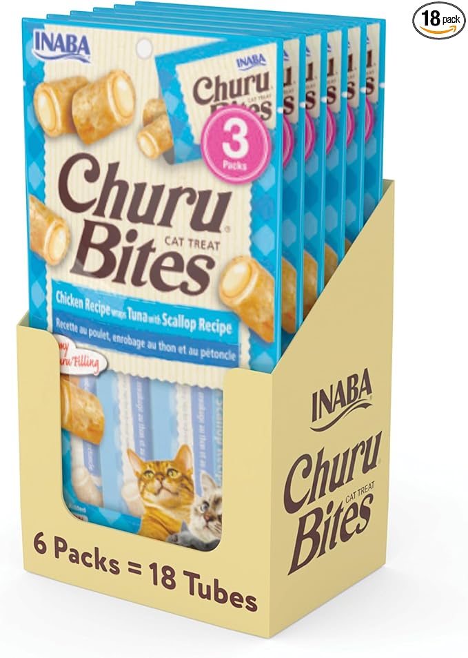 INABA Churu Bites for Cats, Soft/Chewy Baked Chicken Wrapped Churu Filled Cat Treats with Vitamin E, 0.35 Ounces per Tube, 18 Tubes Total (3 Tubes per Pack), Tuna with Scallop Recipe