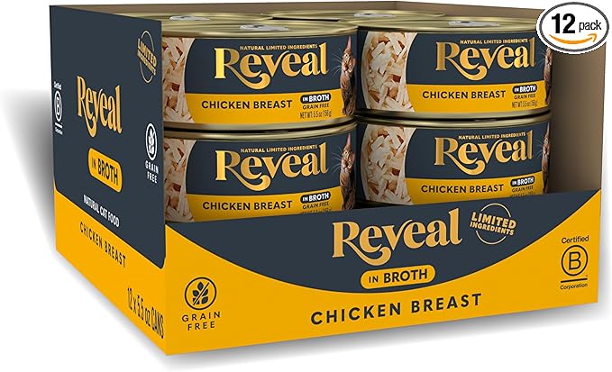 Reveal Natural Wet Canned Cat Food, Limited and Natural Ingredients, Grain Free, High Protein with No Artificial Additives, Chicken Breast in Broth (12 x 5.5 oz Cans)