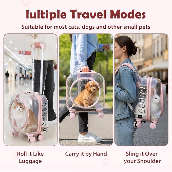Cat Carrier Backpack with Silent Wheels, Clear Cat Stroller with Ventilation Holes, Telescopic Handle, Convenient Portable Cats Dogs Backpack for Travel (Light Pink-B)