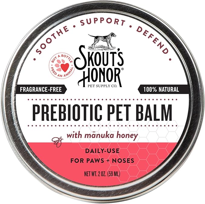 SKOUT'S HONOR Prebiotic Pet Balm - 100% Natural and Made with Manuka Honey to Promote Healing of Your Pet's Paw Pads and Nose, Soothes Dry, Itchy Paws and Noses - Safe for Cats and Dogs, 2oz