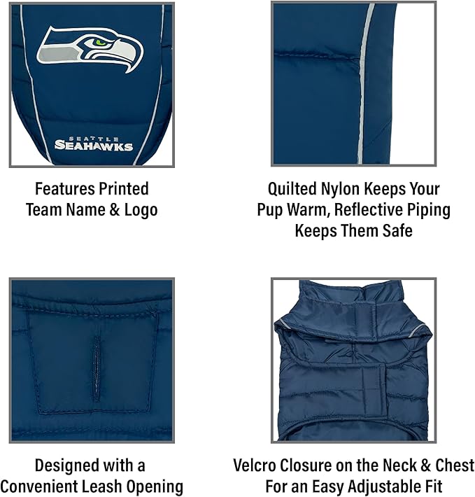 NFL New Seattle Seahawks Puffer Vest for Dogs & Cats, Size Small. Warm, Cozy, and Waterproof Dog Coat, for Small and Large Dogs/Cats. Best NFL Licensed PET Warming Sports Jacket