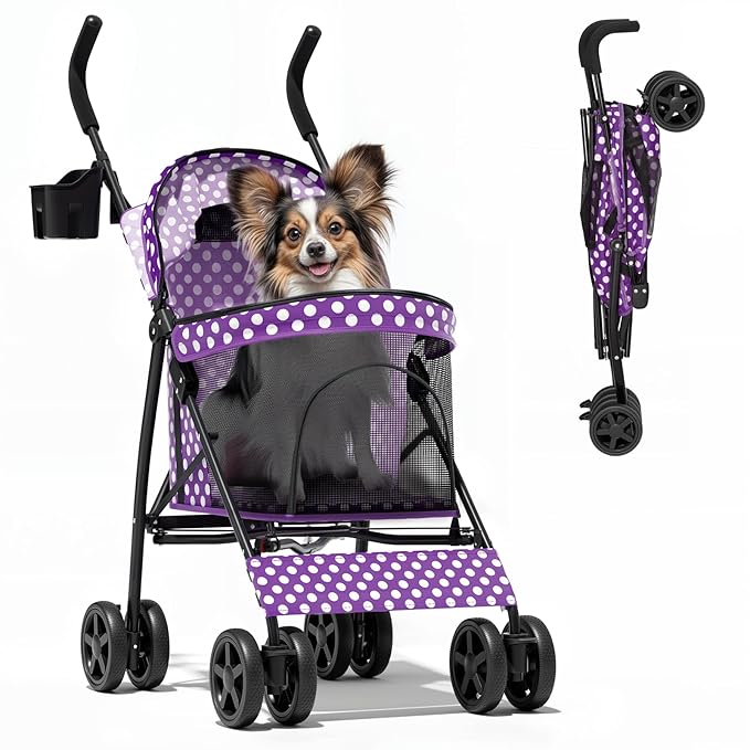 Magshion Compact Pet Stroller for Small-Medium Dogs/Cats up to 22lbs, 4-Wheel Lightweight Umbrella Shaped Portable Puppy Travel Jogger w/Breathable Mesh, Cup Holder & Rear Storage, Purple Polka Dots