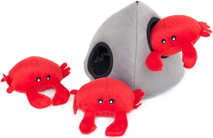 ZippyPaws - Sea Buddies Burrow, Interactive Squeaky Hide and Seek Plush Dog Toy - Crab ‘n Rock