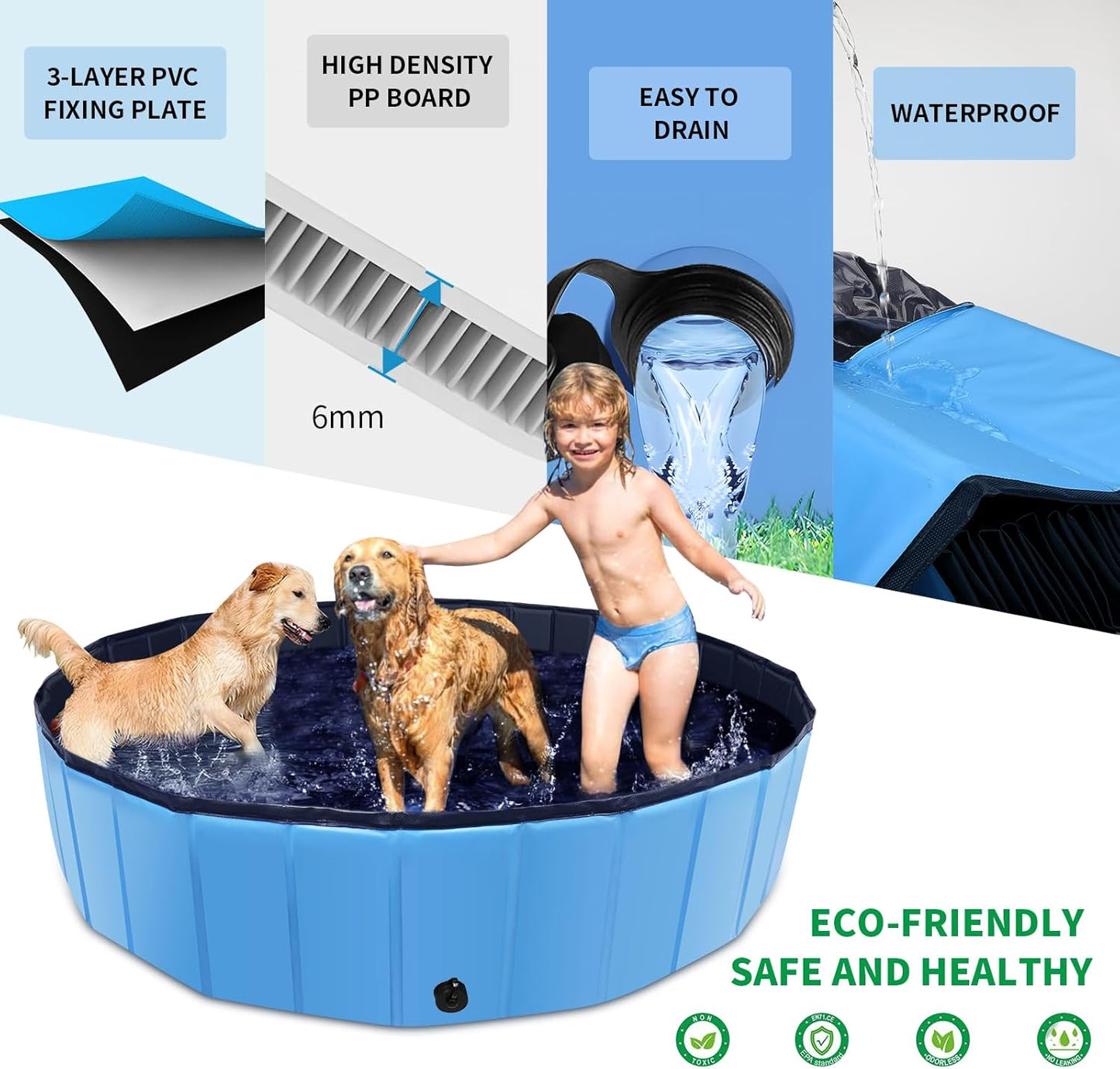 Foldable Dog Pool, 55" x 12" Kiddie Pool with Hard Plastic, Non-Slip Dog Bath Tub for Outdoor Backyard, Collapsible Dog Swimming Pool for Kids Dogs Pets (Blue)