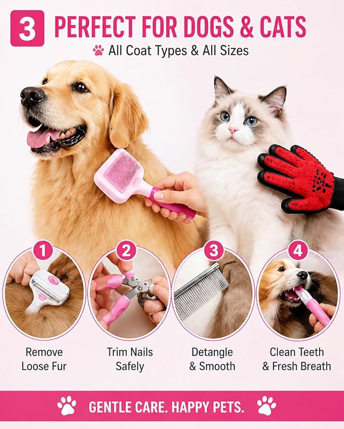Pet Grooming Kit 12-in-1 for Dogs & Cats - Professional Deshedding Brush, Nail Clipper, Slicker Brush Flea Comb, Grooming Gloves, cat Teaser Ball Set with Storage Bag
