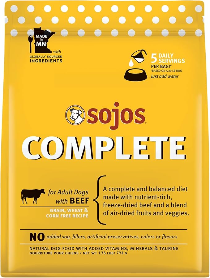 Sojos Complete Freeze Dried Raw Adult Dry Dog Food, Grain Free, Natural, Beef Recipe, 1.75 lb Bag