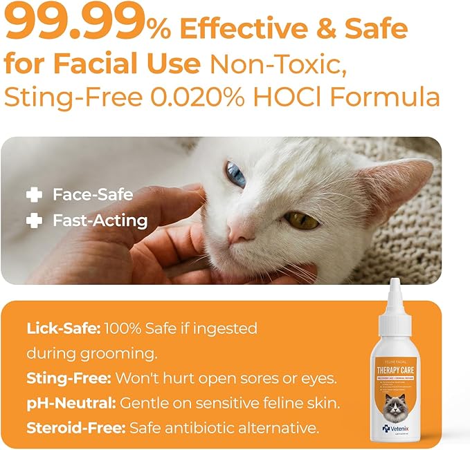 Feline Facial Therapy Solution Healing Aid & Skin Repair for Cat Acne, Eye & Ear Irritations, Chin Sores, Redness & Allergies | Gentle Non-Toxic HOCl Drops | 3.38 fl oz