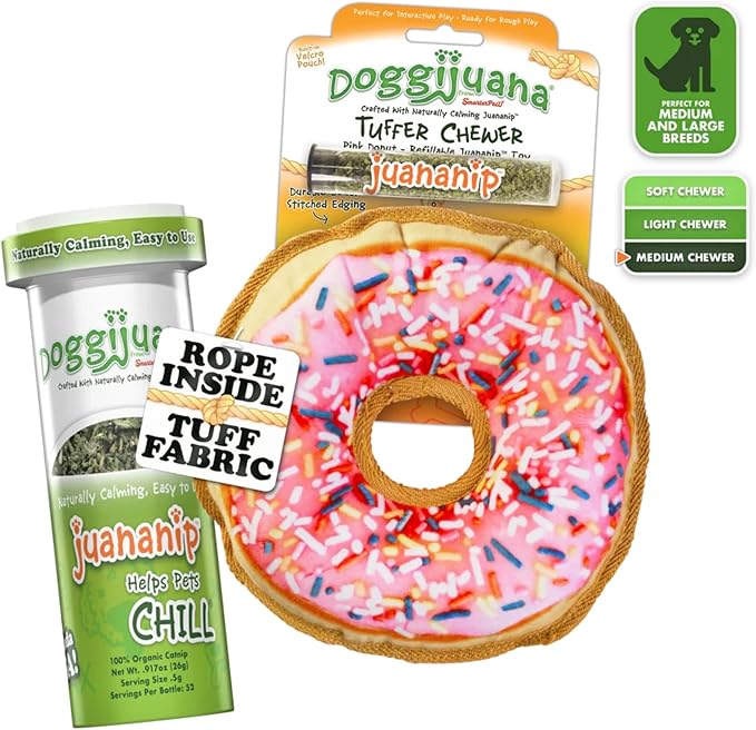 Doggijuana Doggi Duo Refillable Juananip Toy Bundle | Pink Donut & Juananip | Funny Dog Toy Plush with Catnip and Refill | Interactive Chew for Play