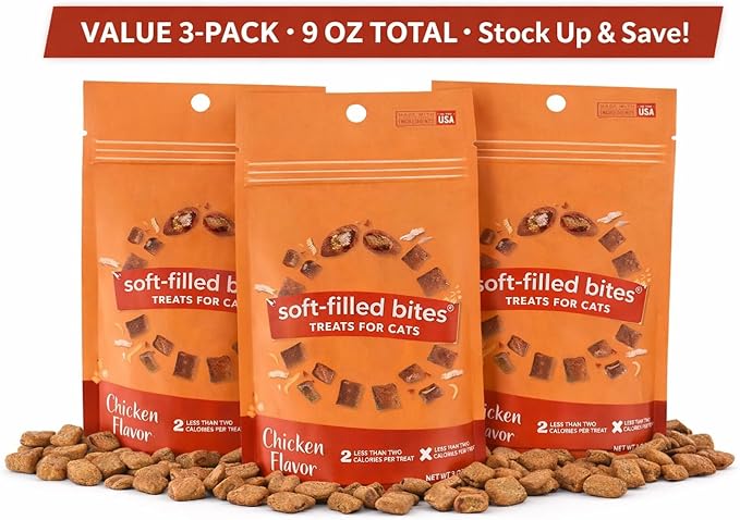 Chicken Cat Treats Crunchy Soft Filled Bites - Training Treats for Indoor Cats Kittens - Low Calorie Cat Snacks No Artificial Flavors Made in USA - 9 oz Total (Packaging May Vary)