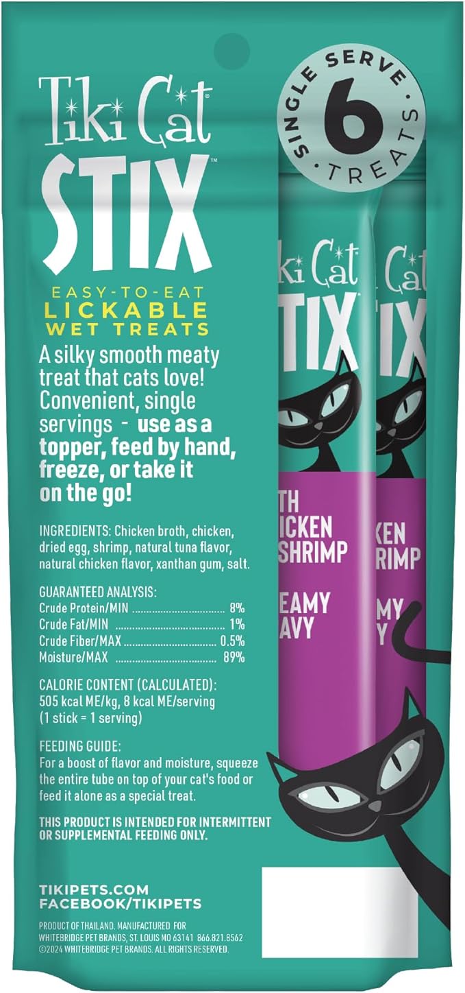 Tiki Cat Stix Mousse Treats, Single Serve Indulgent Lickable Treat or Dry Food Topper, Chicken and Shrimp in Creamy Gravy, 3 oz. Pouch