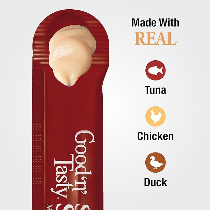 Good ‘n’ Tasty Savory Spoonables with Real Tuna, Chicken & Duck, 6 Count Tube, Triple Flavor Squeezable Lickable Wet Treats for Cats with Built-in Spoon for Less Mess (Pack of 2)