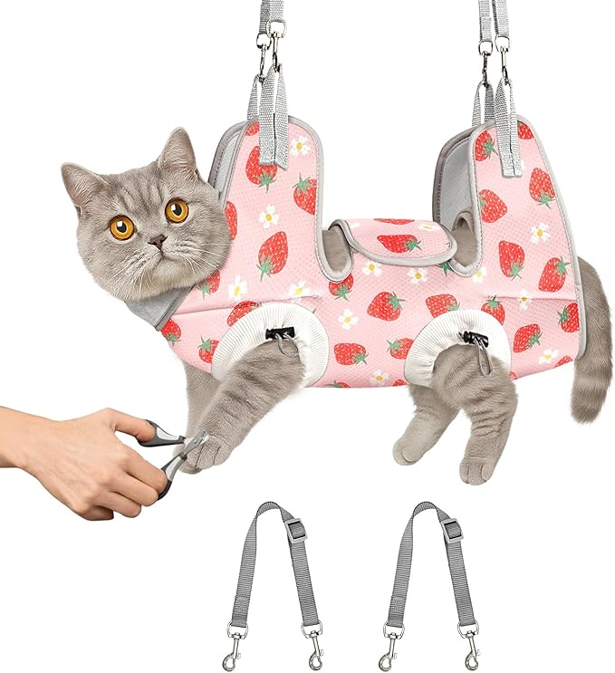 Supet Cat Grooming Hammock Harness for Nail Trimming, Cat Grooming Hanging Sling for Nail Clipping, Pet Restraint Holder for Cutting Nails, Medicine, Ear & Teeth Cleaning, Eye Care (Strawberry M)