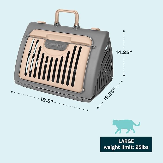 SportPet Designs Foldable Travel Cat Carrier - Front Door Plastic Collapsible Carrier, Gray and Tan, Medium (Pack of 1)