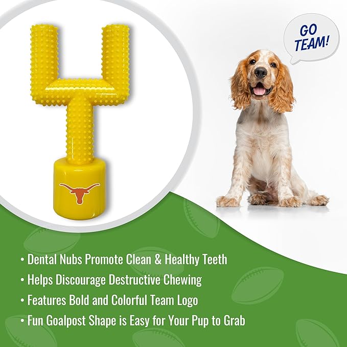 NCAA Texas Longhorns Mega-Chew Hard Nylon Bacon-Flavored Dog Bone Football Goal-Post Chew Toy. Interactive, Tasty & Fun Dog Chew Toy. Indestructible, Strong, Tough & Durable Pet Chew Toys