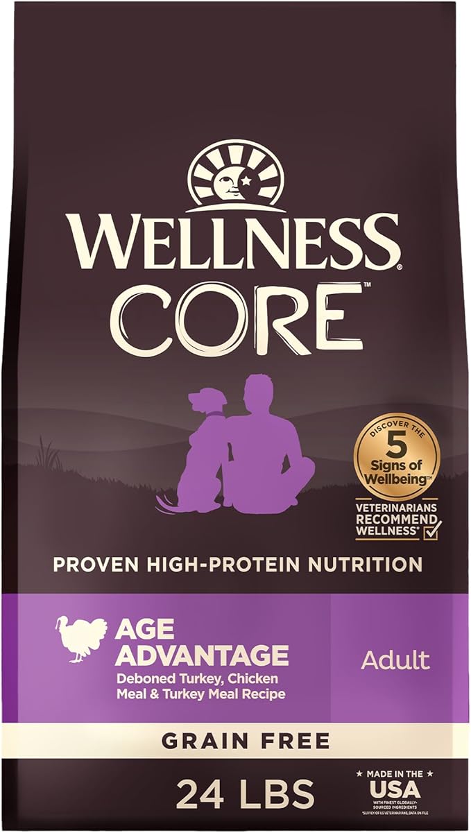 Wellness CORE Age Advantage Senior Dry Dog Food, Grain Free Kibble, Natural, High Protein, Turkey and Chicken Recipe, 24 lb Bag