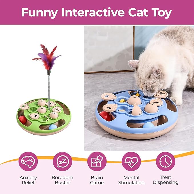 Cat Puzzle Toys Games Level 3 in 1 with Track Balls, Interactive Mentally Stimulating cat toys for IQ Training,Feather Teaser & Treat Feeder, Enrichment for Indoor Cats, Kitty Gift (Green)