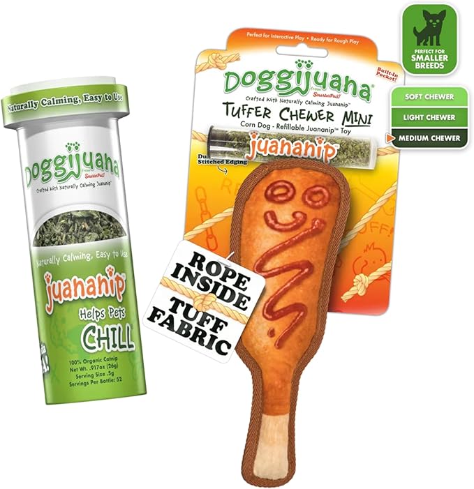 Doggijuana Mini Doggi Duo Refillable Juananip Toy Bundle | Corn Dog & Juananip | Funny Dog Toy Plush with Catnip and Refill | Interactive Chew for Play