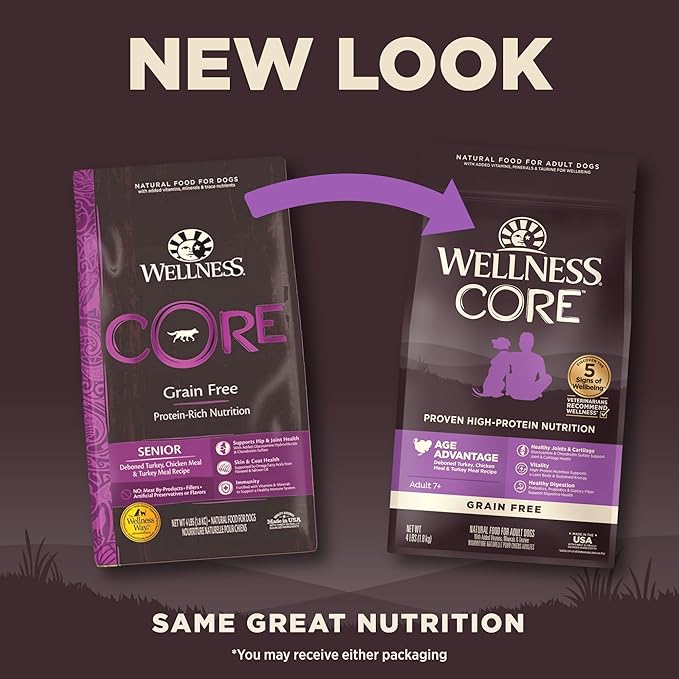 Wellness CORE Age Advantage Senior Dry Dog Food, Grain Free Kibble, Natural, High Protein, Turkey and Chicken Recipe, 4 lb Bag