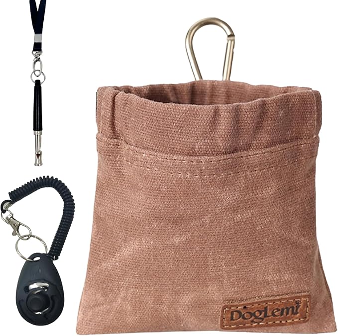 Dog Training Kit,Puppy Dog Treat Pouch Bag with Dog Clicker and Silent Whistle with Lanyard,Hands-Free Training Dog Treat Pouch,Includes Carabiner,for Pet Puppy Travel or Outdoor Use(Brown)