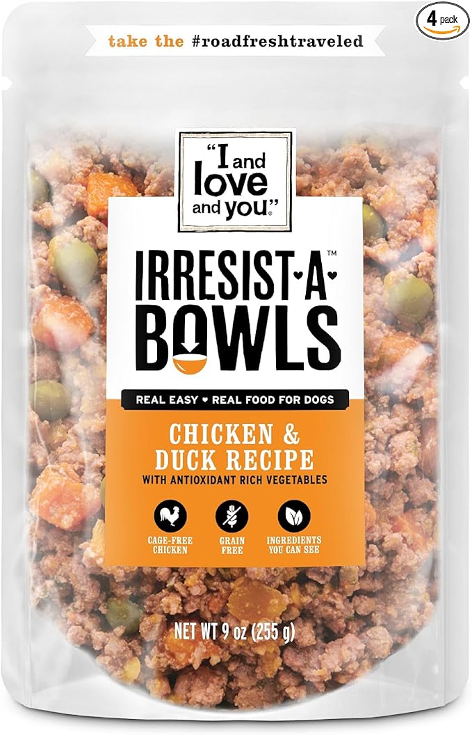 I AND LOVE AND YOU Irresist-a-Bowls Freeze Dried Dog Food - Chicken + Duck- Prebiotics, Grain Free, Filler Free, Meal Enchancer, 9oz Pouch, 4pk