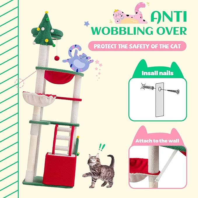 SHA CERLIN 67in Tall Cat Tree/Climbing Tower with Top Perch, Hammock, Sisal Scratching Posts/Cute Condo for Indoor Kitties/Pet Feline House/Activity Center/Christmas Decor/Green & Red