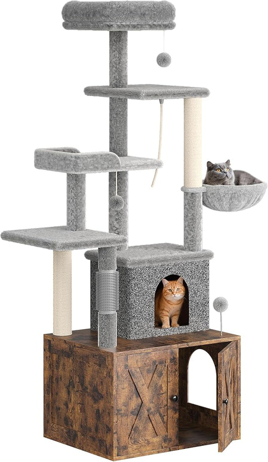 Litter Box Enclosure with Cat Tree, 2 in-1 Modern Cat Tower, Hidden Washroom Furniture, Wood Cat Condo with Scratching Post and Hammock, Indoor Pet Furniture with Multiple Platform, Rustic Brown