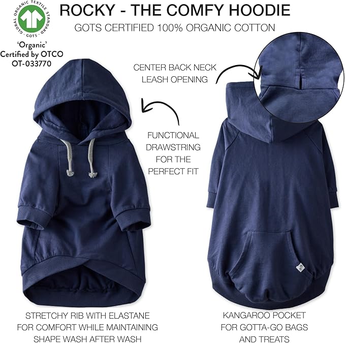 Pet Passion Rocky – The Original Lightweight Hooded Tee 100% Organic Cotton Dog Hoodie Pet Coat Sweater for All Sized Dogs, Original Navy, XX-Large (70-110 lbs)