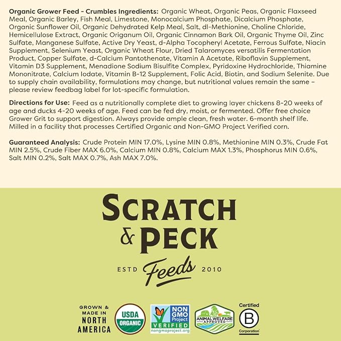 Scratch and Peck Feeds Whole Grain Grower Crumbles Chicken and Duck Feed - 25 lbs Bag - Corn-Free and Soy-Free - 17% Protein, Certified Organic and Non-GMO Project Verified