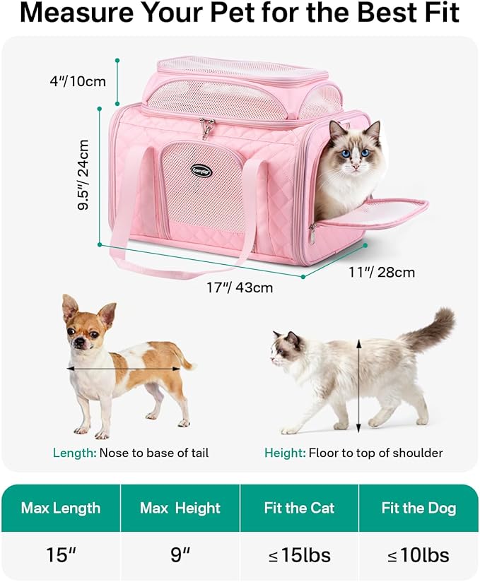 Cat Carrier Airline Approved 17x11x9.5 Inches, Top Expandable Soft Sided Pet Travel Carrier for Cats & Small Dogs, Fits Under Airline Seat with Locking Zippers, Pink