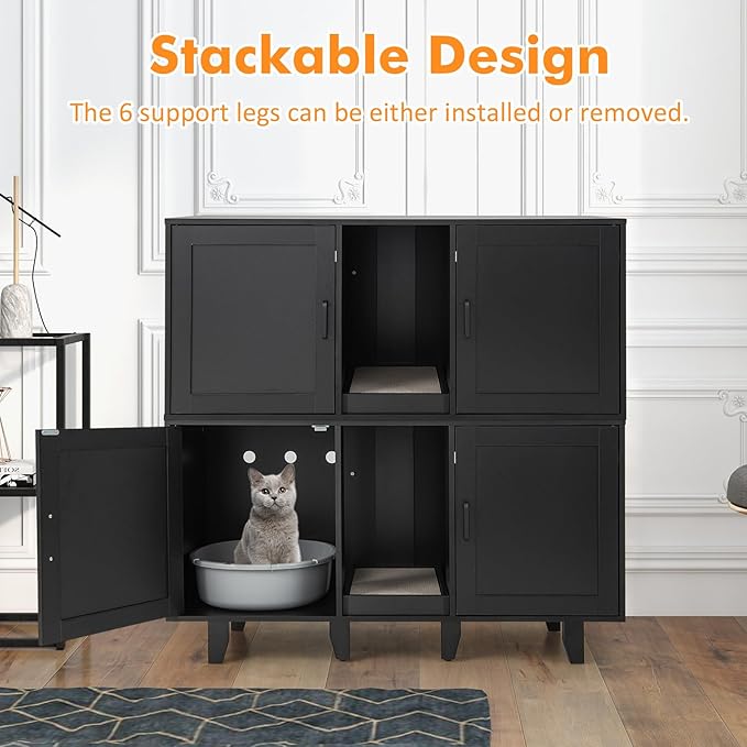 Giantex Cat Litter Box Enclosure - Cat Washroom Hidden Furniture with 2 Storage Cabinets, Removable Cat Scratcher, Air Vents, Detachable Legs, Wooden Pet Crate Indoor Cat House TV Stand (Black)