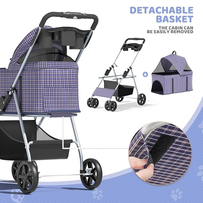 Magshion Foldable Pet Stroller, 3-in-1 Dog Travel Jogger with Detachable Carrier, Cup Holder, Storage Basket, Folding Carrier for Small/Medium Dogs & Cats Up to 33 lbs, Plaid