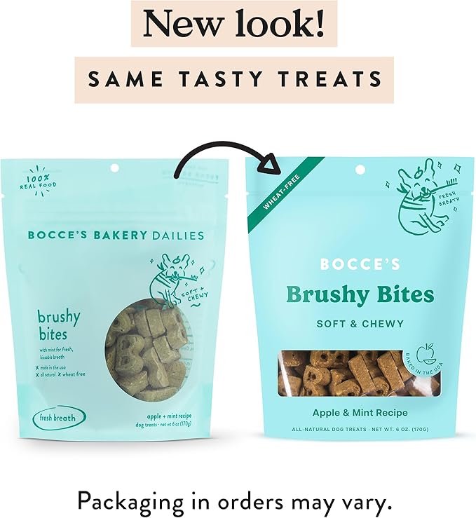 Bocce's Bakery Dailies Brushy Bites Dog Treats for Wellness Support,Wheat-Free Dog Treats,Made with Real Ingredients,Baked in The USA,All-Natural Soft & Chewy,Apple & Mint Recipe,6 oz,(Pack of 2)