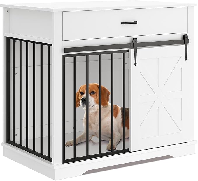 GarveeHome Dog Crate Furniture, 37.8" Large Dog Kennel Indoor, Wooden Kennel Table with Sliding Barn Door and Storage Drawer, Indoor Dog House for Large/Medium/Small Dogs