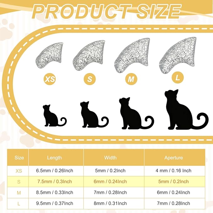 Cat Nail Caps, Cat Claw Covers with Adhesive Glue and Applicators, Kitten Claw Caps Soft Paws, (40 Pcs, S, Crystal Silver), Intended for Pet Tips/Nail Covers/Control Paws