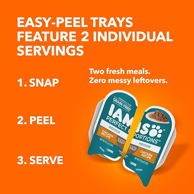 IAMS Perfect Portions Indoor Adult Wet Cat Food Cuts in Gravy,Chicken Recipe,2.6 oz. Easy Peel Twin-Pack Trays (,48 Servings),24 Count (Pack of 2)