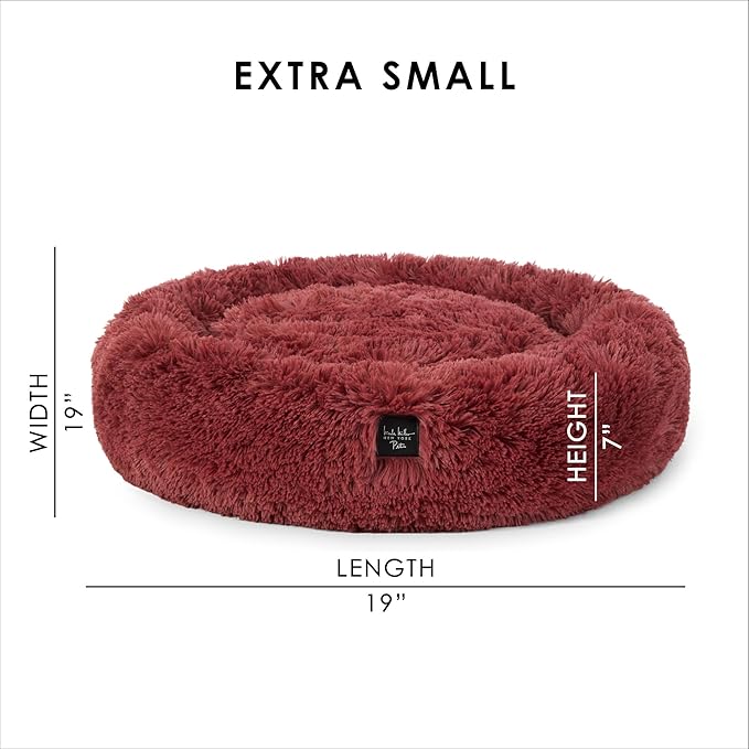 Nicole Miller New York PET Ellie Fuzzy Solid Donut Pet Bed, Plush, Cozy & Calming, Non-Slip Bottom, 100% Machine Washable, Burgundy Rose, X-Small 19"x19"x7" Round