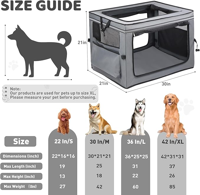 Portable Dog Crate Soft Dog Crate 22",30",36",42" Foldable Basic Dog Crates Easy Set-up, Light, Sturdy, Comfy，Collapsible Crate for Home and Travel (36Inch)